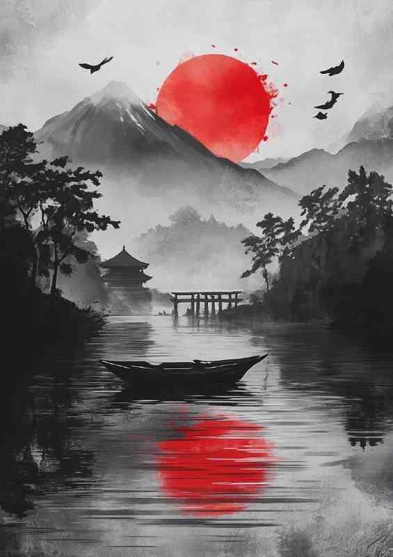 Japanese Inked landscape with mountains boat and temple