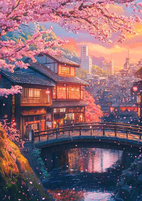 Japanese architecture cherry blossom tree with pink leaves and bridge