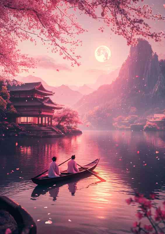 Japanese boat on the lake with cherry blossoms