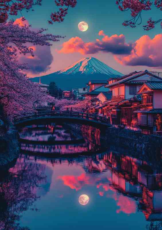 Japanese bridge cherry blossoms full moon