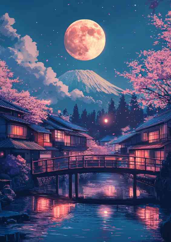 Japanese bridge cherry blossoms full moon over Mount fuji