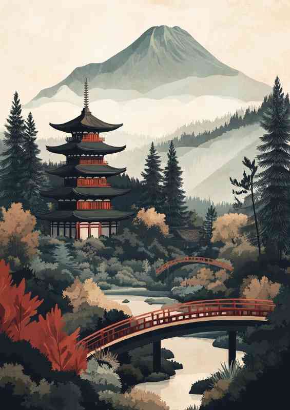 Japanese landscape with a temple mountains