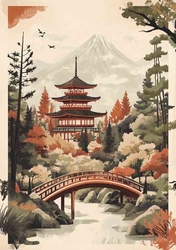 Japanese landscape with a temple mountains and bridge