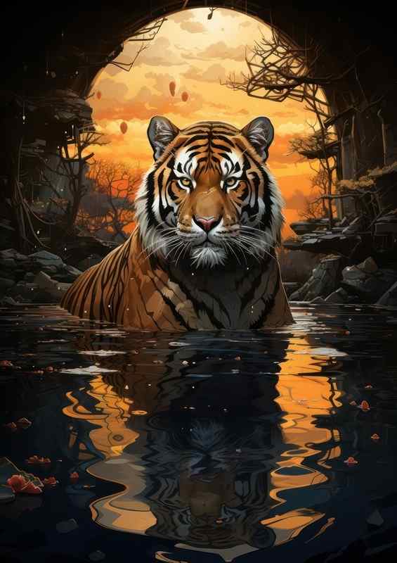Tiger Playing in the water with its reflection
