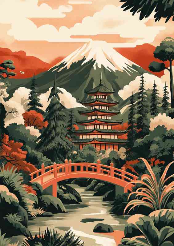 Japanese landscape with a temple mountains and pine filled trees