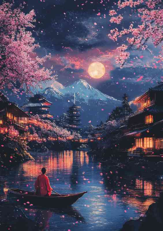 Japanese landscape with cherry blossoms full moon