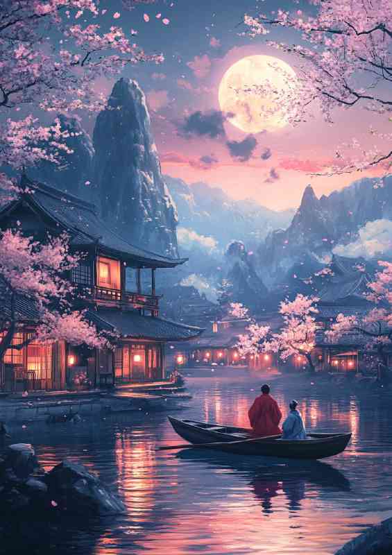 Japanese landscape with cherry blossoms on the lake