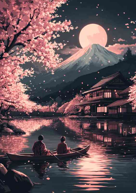 Japanese mount fuji with boat on the lake