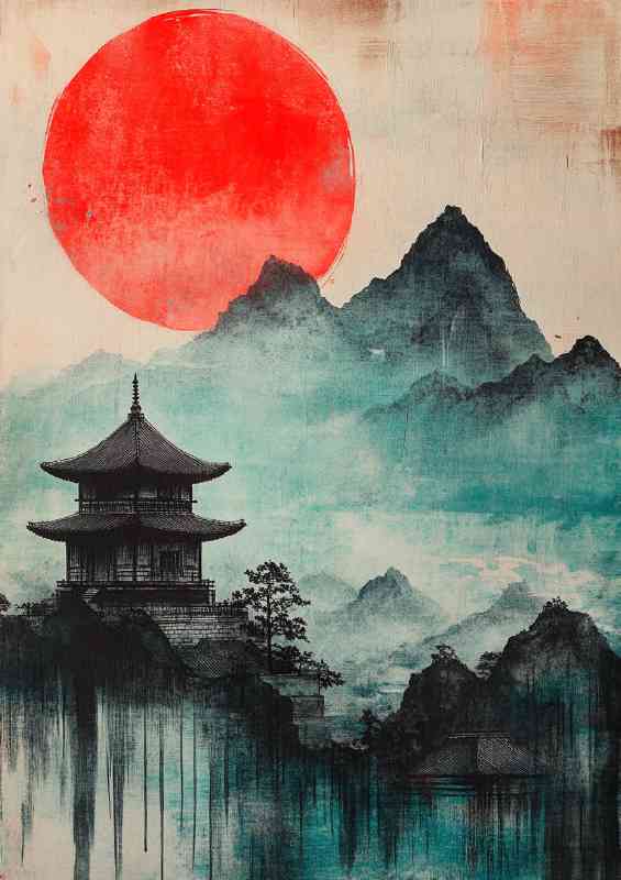 Japanese painting depicting mountains and red sun