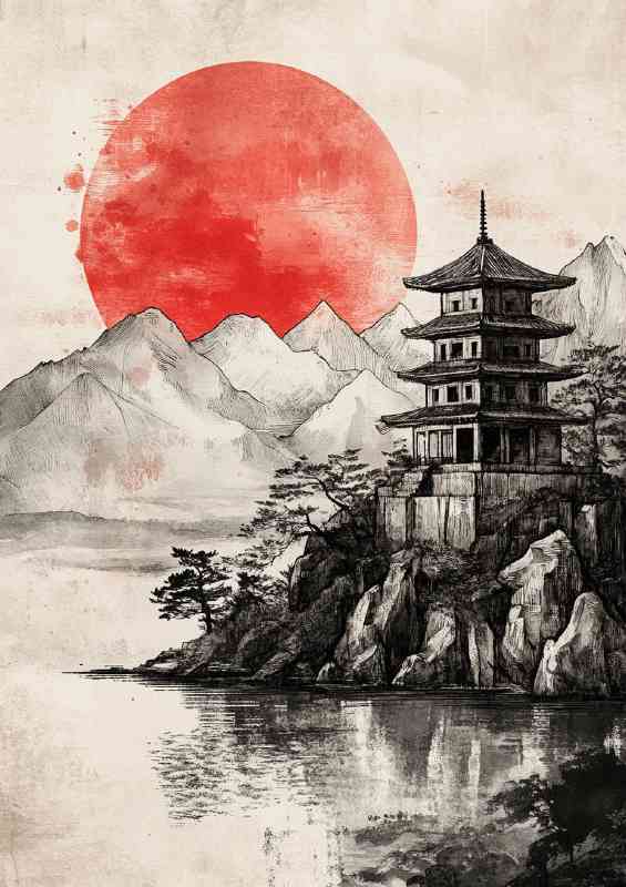 Japanese painting of an ancient temple red moon