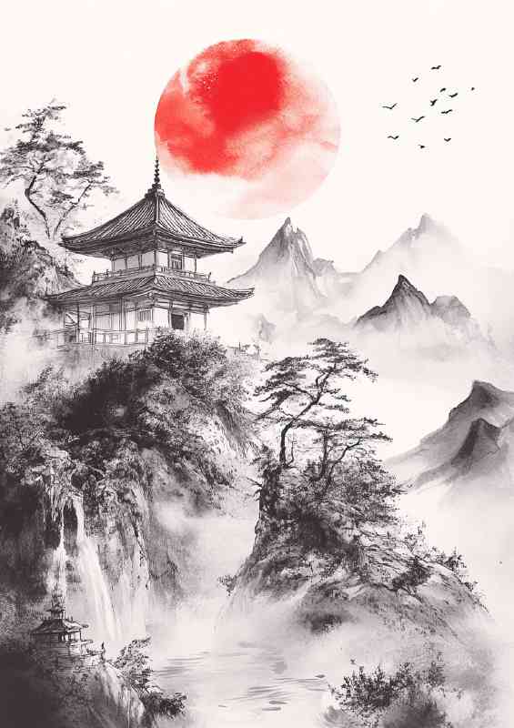 Japanese painting of an ancient temple and mist