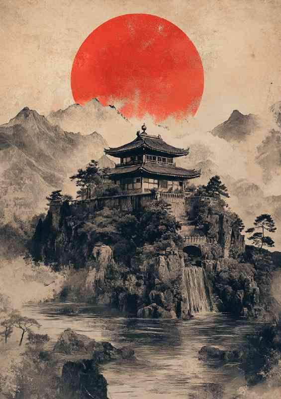 Japanese painting of an ancient temple on the hil