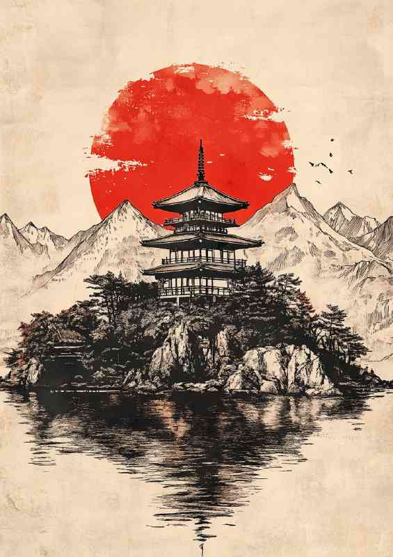 Japanese painting of an ancient temple on the lake