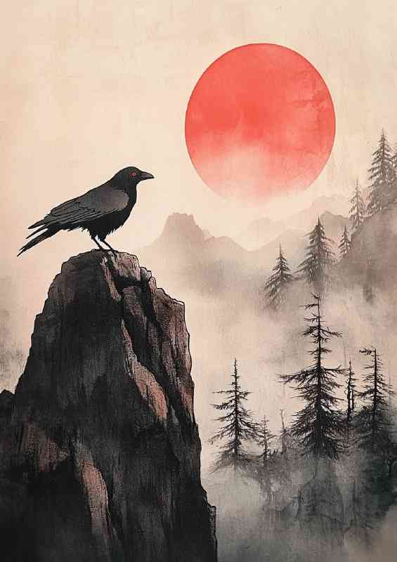 Japanese style painting of a crow perched