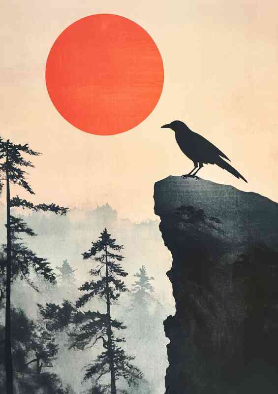 Japanese style painting of a crow perched on the edge