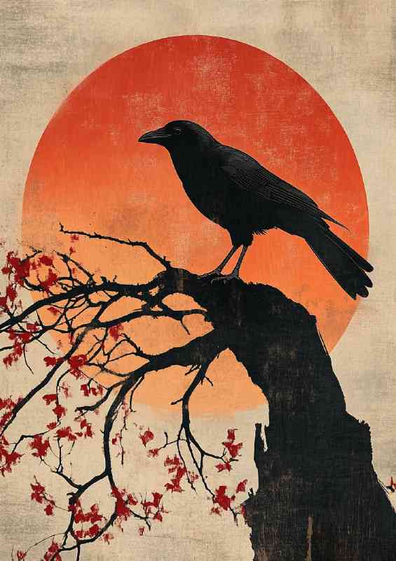 Japanese style painting of a crow sitting on top of a branch