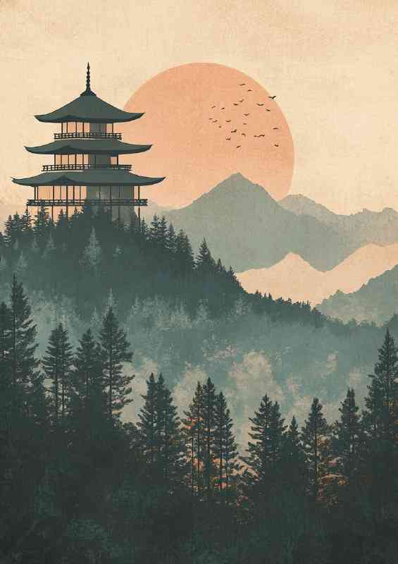 Japanese temple landscape with pine trees