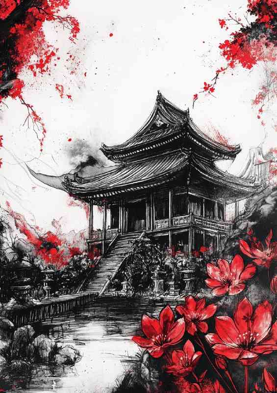 Japanese temple red flowers ink drawing dark colors