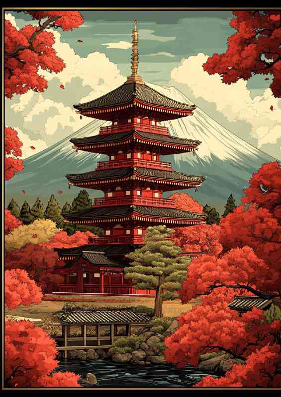 Japanese temple with Mount Fuji in the back