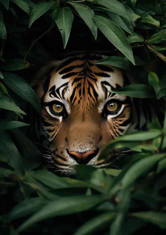 Tigers face peeking out form the bushes