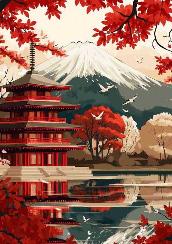 Japanese temple with Mount Fuji in the background flat colours