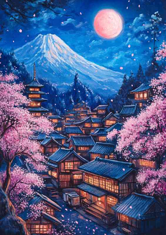 Japanese village with cherry blossoms sakura tree