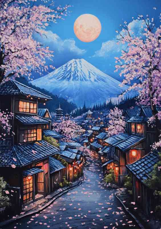 Japanese village with cherry blossoms sakura tree and mountain