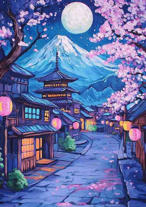 Japanese village with the mount fuji and cherry blossoms sakura tree