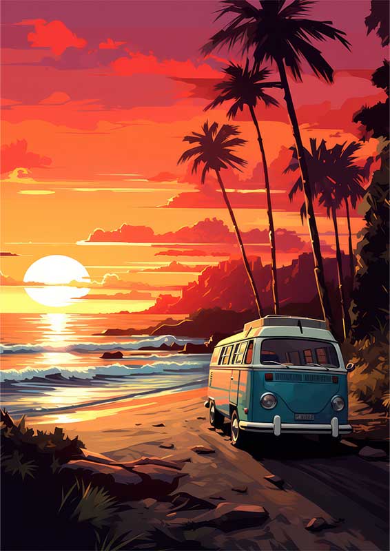 Camper Bus Sitting In The Sunset By The Beach
