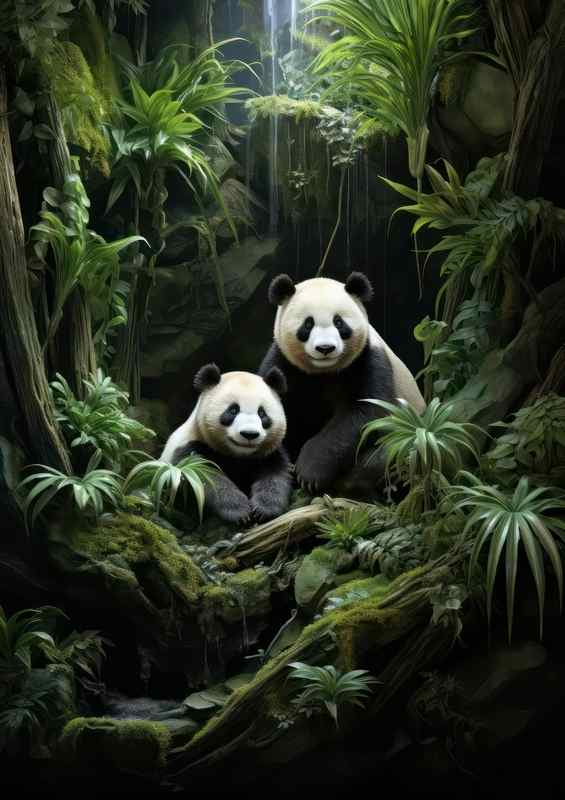 Two pandas in the bamboo near a waterfall