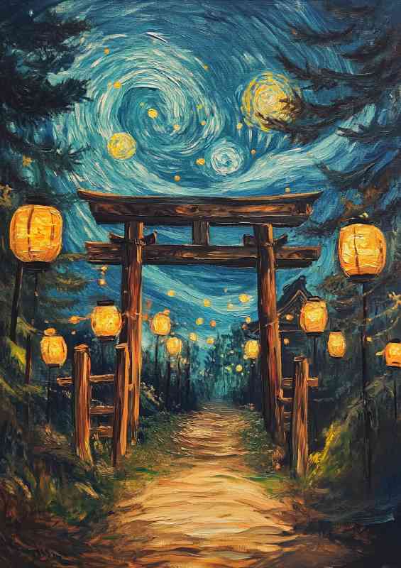 Oil painting of the starry night but with Japanese
