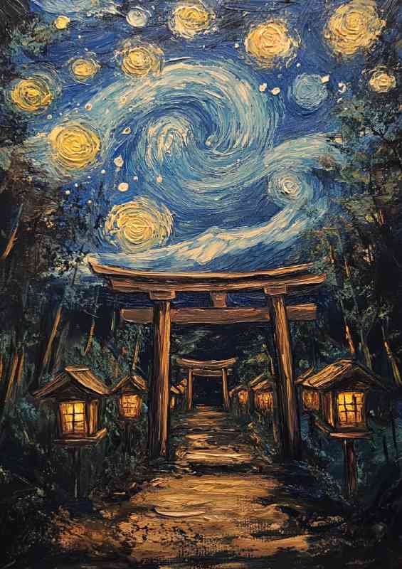 Painting of the starry night but with Japanese lanterns