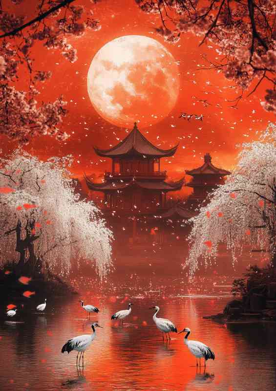 Red moon Japanese pagoda in the background white cherry blossom