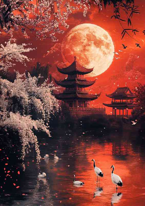 Red moon Japanese pagoda in the background white cherry blossom trees