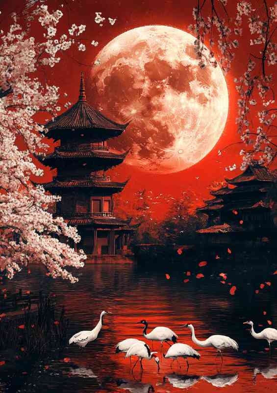 Red moon Japanese pagoda in the background white cranes