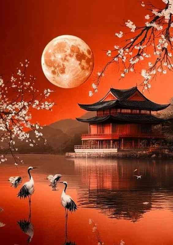 Red moon Japanese style architecture