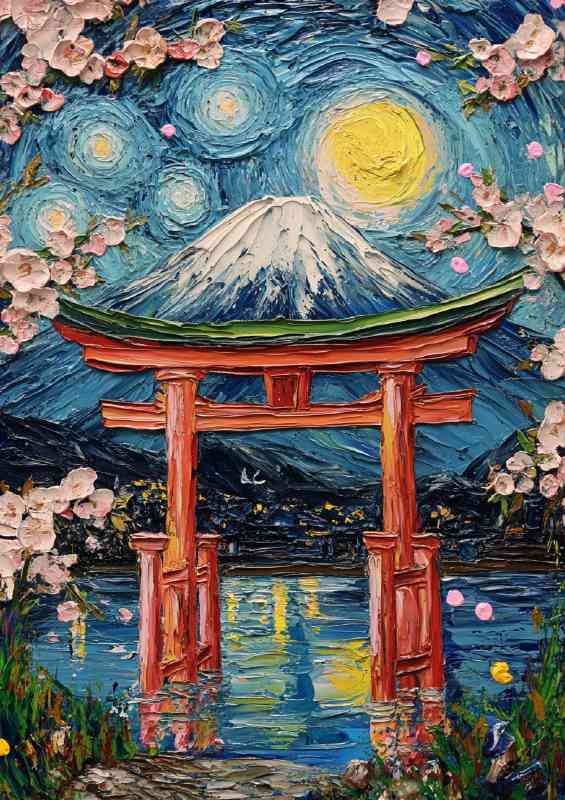 Starry Night Fuji mountain and torii in the background