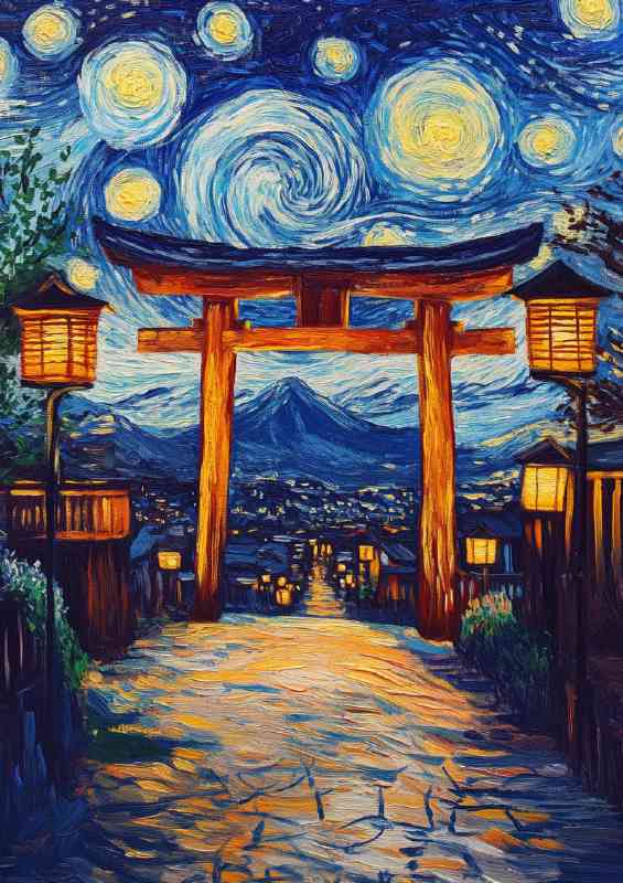 Starry night sky in the style of Van Gogh at the tori gate