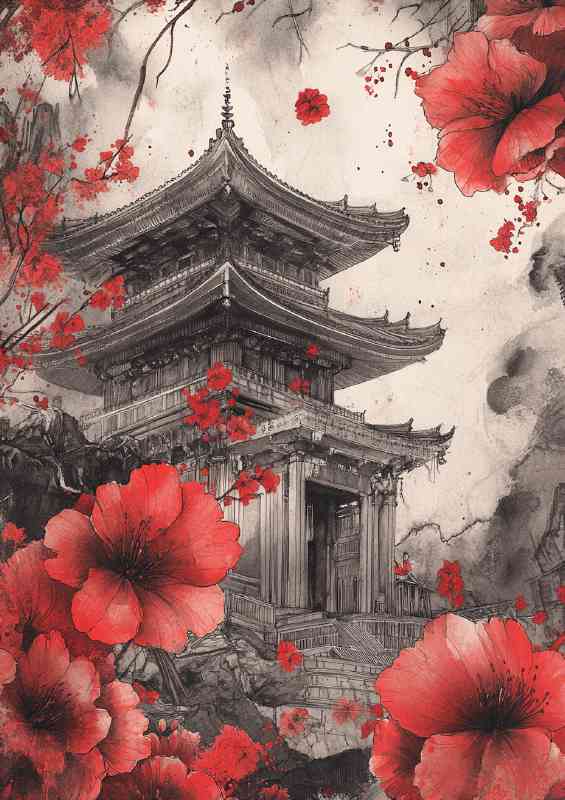 Temple in the background surrounded by red flowers