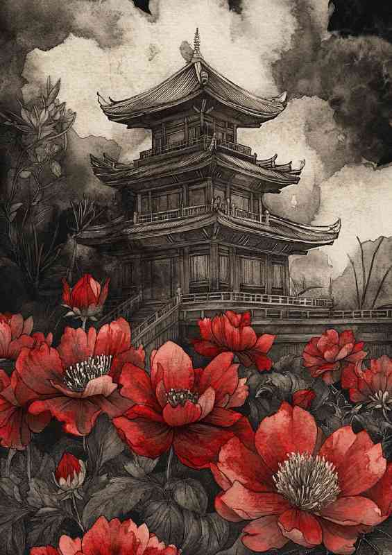 Temple in the background with red flowers