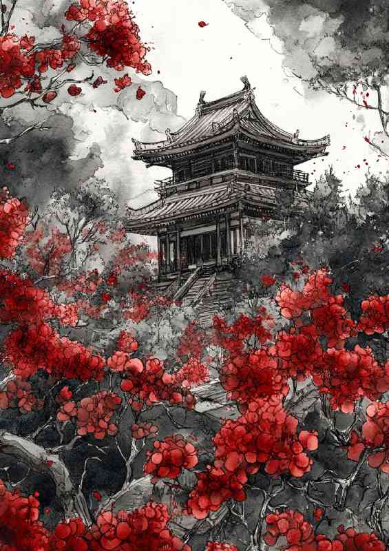 Temple surrounded by red flowers