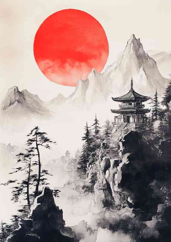 Traditional Japanese painting depicting mountains and red sun