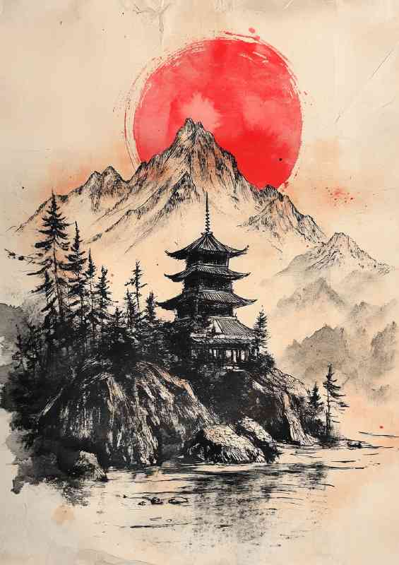 Traditional Japanese painting depicting mountains art