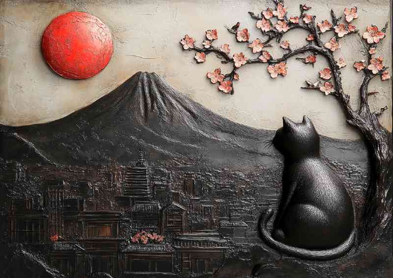 A black cat sits Mount Fuji in Japan