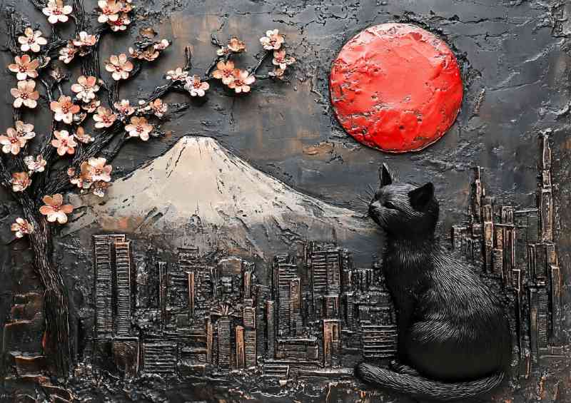 A black cat sits on the wall with Mount Fuji in Japan