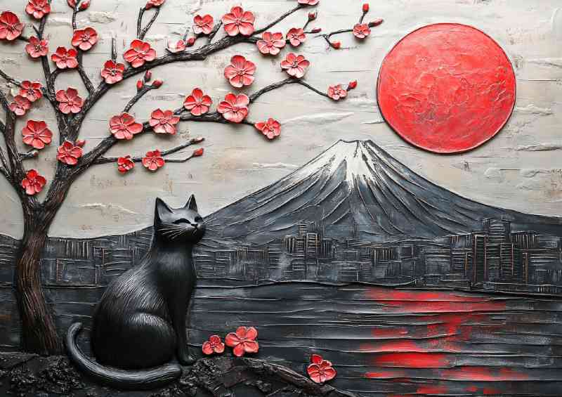 Black cat sits with Mount Fuji in Japan
