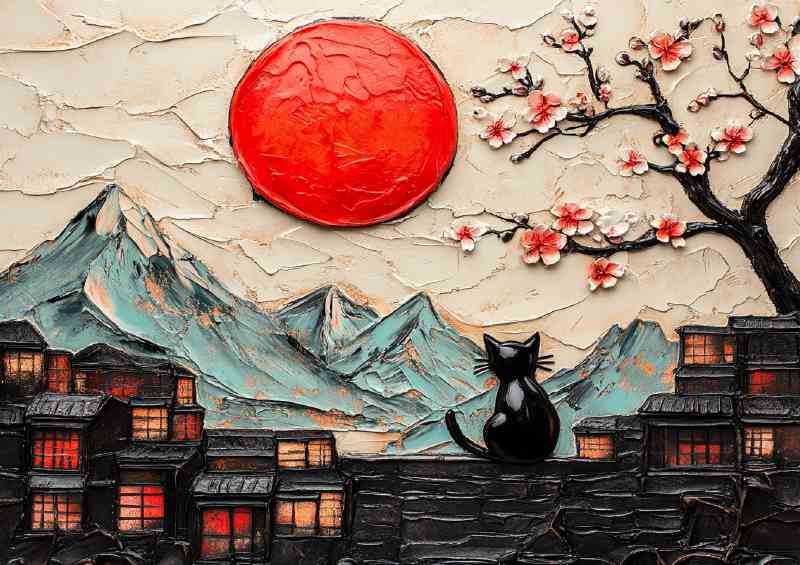 Textured painting of the red sun a black cat