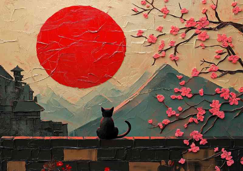 Textured painting of the red sun a black cat japan