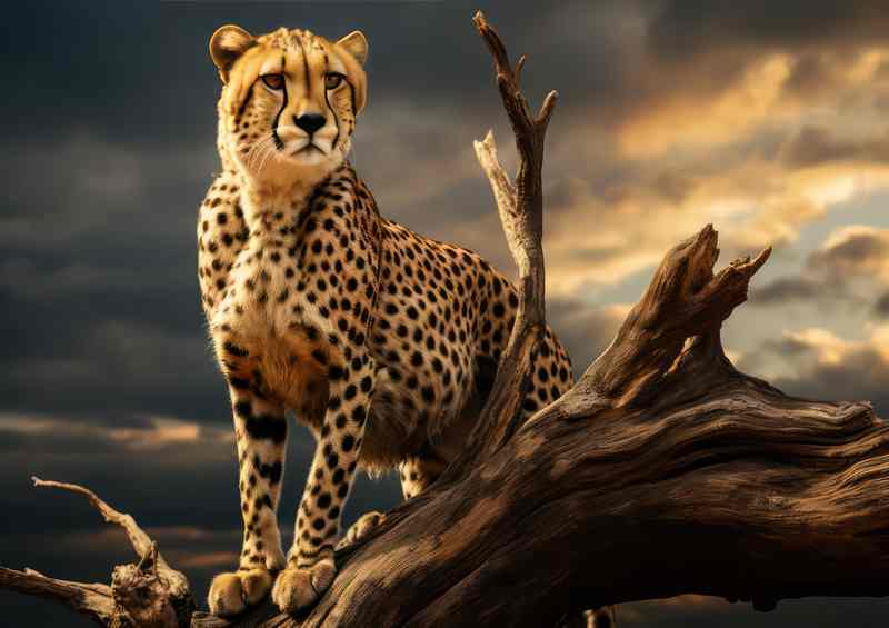 A Cheetah standing on top of a dead tree