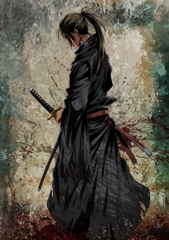 Anime style medium shot of a samurai